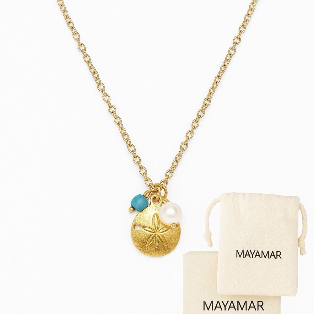 MAYAMAR Gold Sand Dollar Necklace 21” Adjustable w/ Pearl & Turquoise NWT - Picture 1 of 6